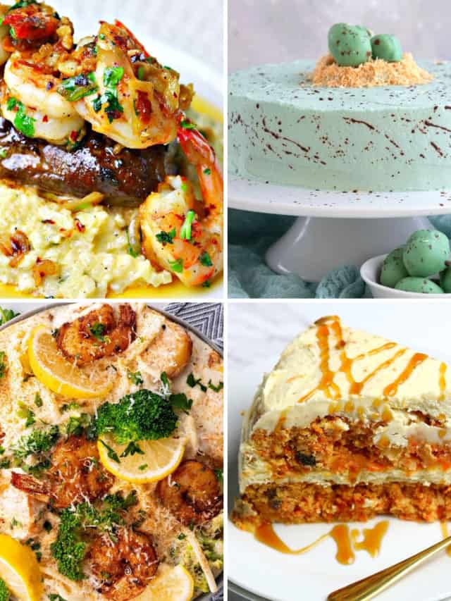 Keto Easter recipes like surf and turf, cajun shrimp alfredo, keto carrot cake, and Keto Easter egg cake