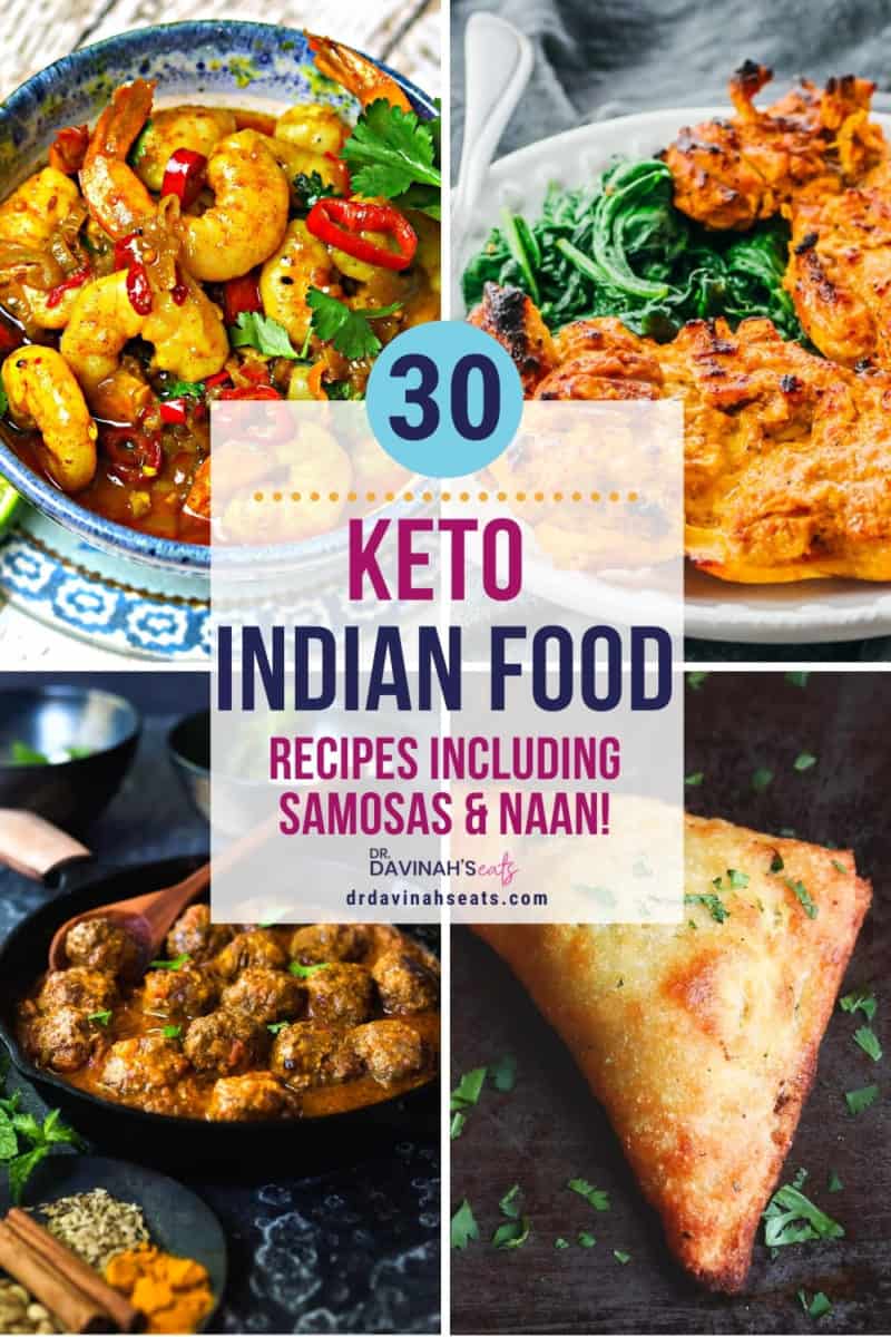 pinterest image for keto Indian food recipes like curry meatballs, tandoori chicken, shrimp curry, and vegetable samosas