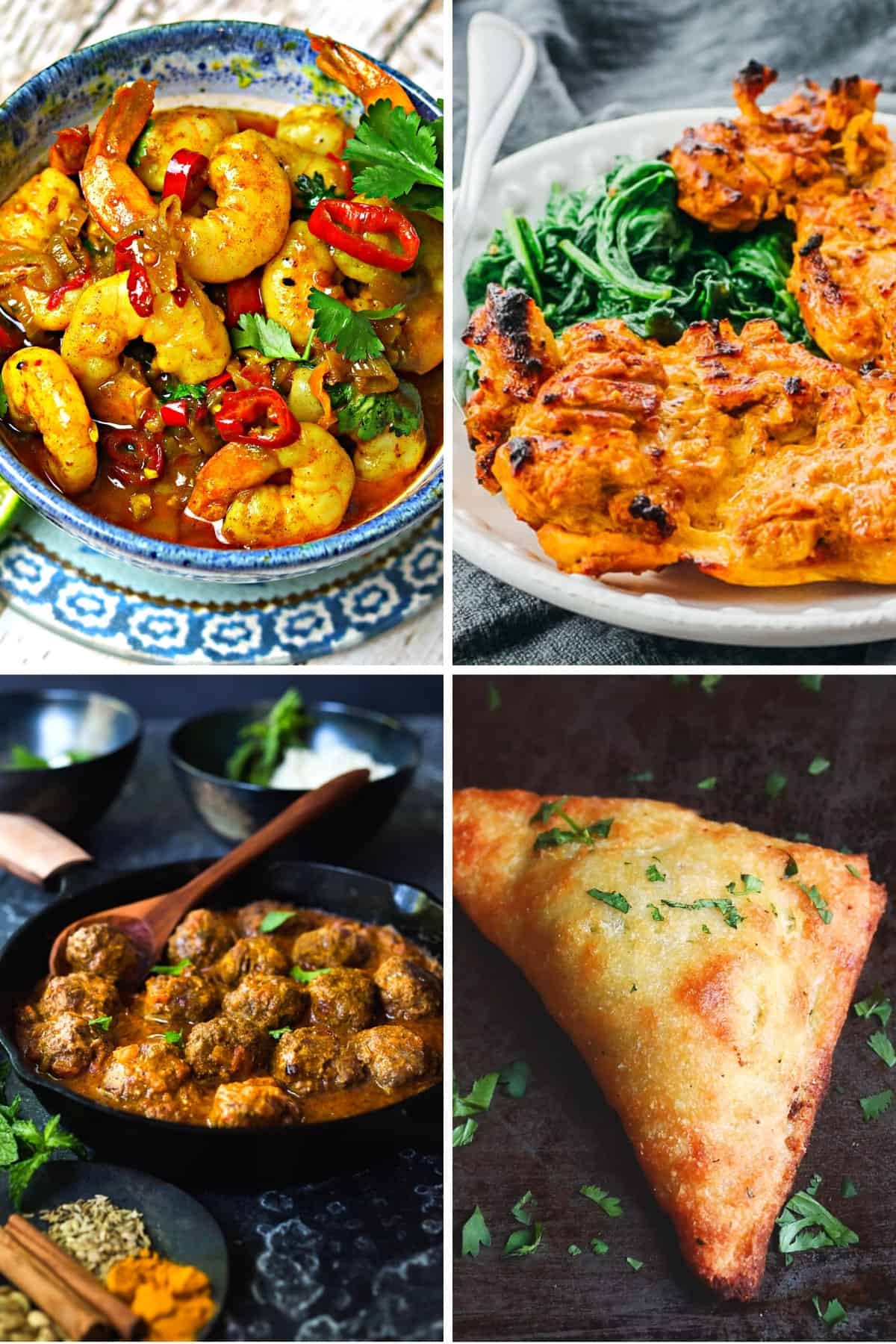 keto Indian food recipes like curry meatballs, tandoori chicken, shrimp curry, and vegetable samosas