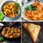 keto Indian food recipes like curry meatballs, tandoori chicken, shrimp curry, and vegetable samosas