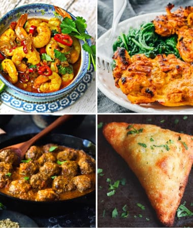 keto Indian food recipes like curry meatballs, tandoori chicken, shrimp curry, and vegetable samosas