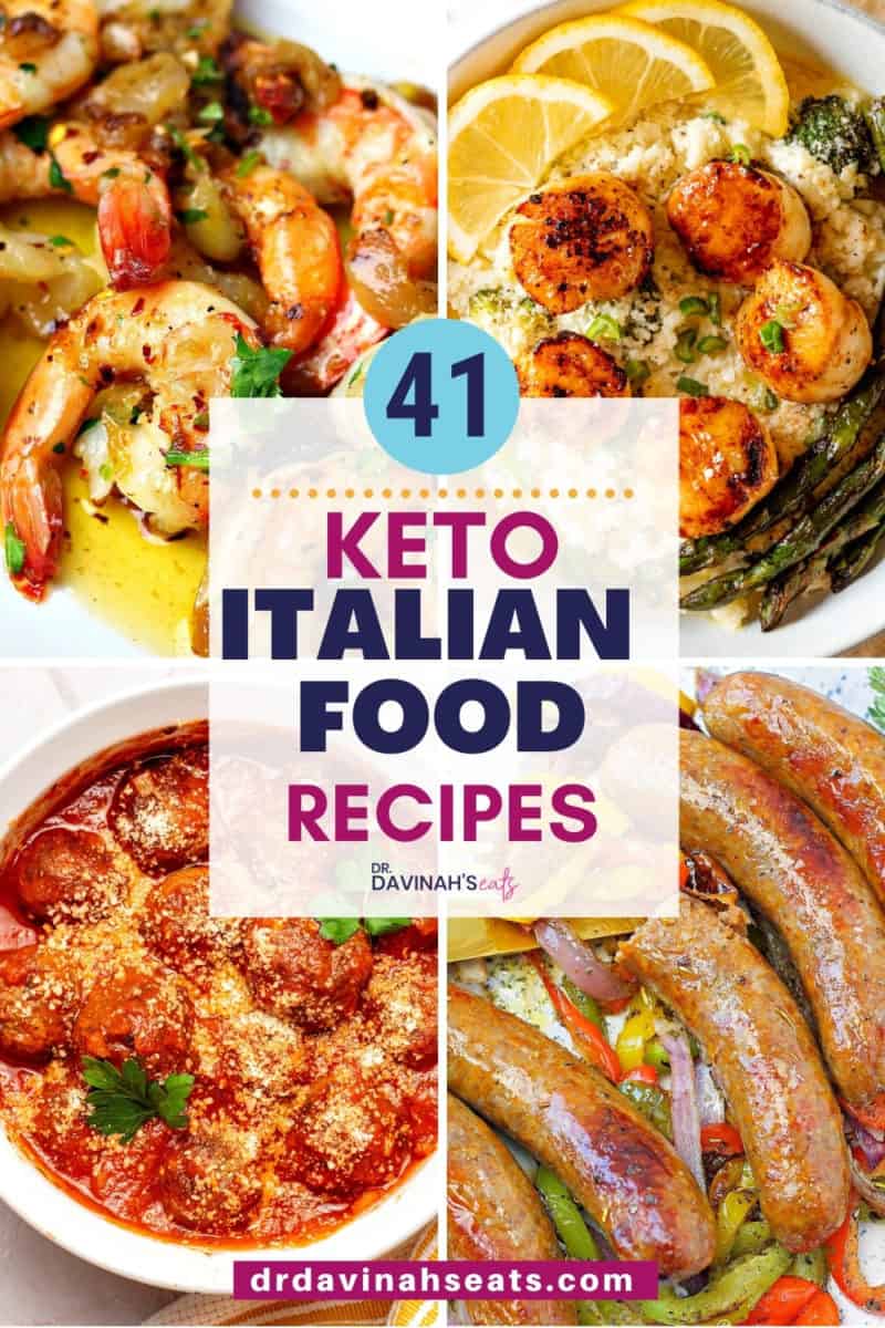 pinterest image for Keto Italian food recipes like shrimp scampi, seared scallops and cauliflower risotto, air fryer meatballs, and Italian sausages and peppers