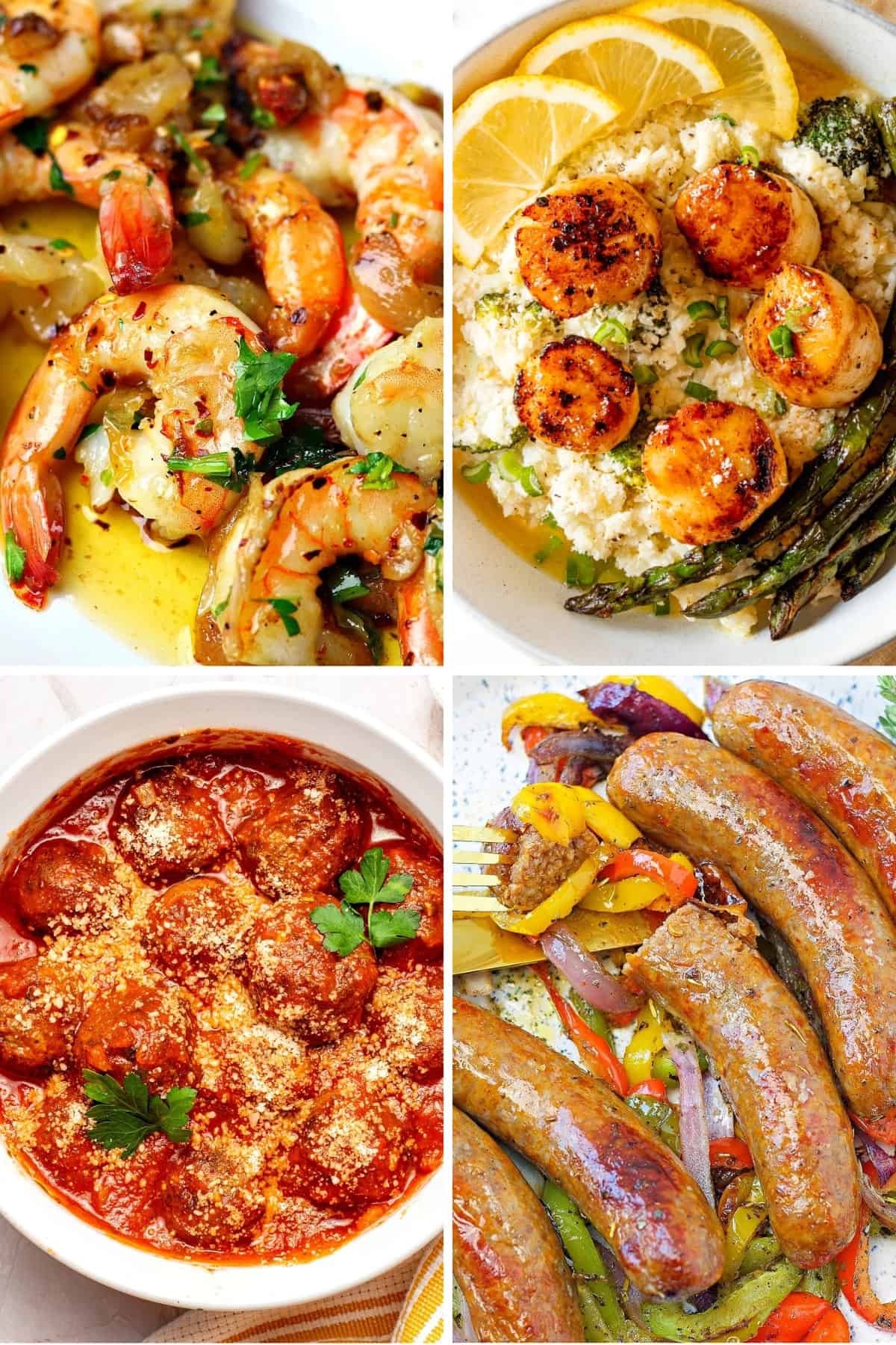 Keto Italian food recipes like shrimp scampi, seared scallops and cauliflower risotto, air fryer meatballs, and Italian sausages and peppers
