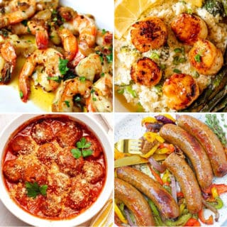 Keto Italian food recipes like shrimp scampi, seared scallops and cauliflower risotto, air fryer meatballs, and Italian sausages and peppers