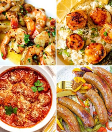 Keto Italian food recipes like shrimp scampi, seared scallops and cauliflower risotto, air fryer meatballs, and Italian sausages and peppers