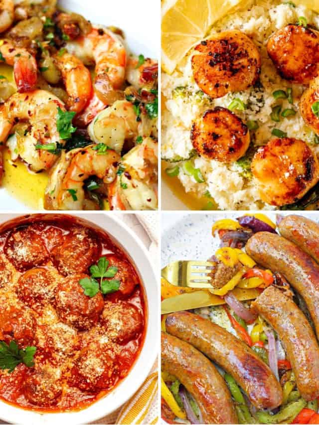 Keto Italian food recipes like shrimp scampi, seared scallops and cauliflower risotto, air fryer meatballs, and Italian sausages and peppers