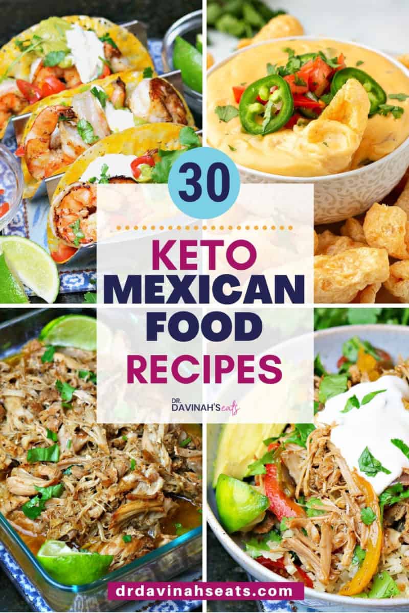 pinterest image for Keto Mexican food recipes like slow cooker carnitas, keto queso, keto shrimp tacos, and keto burrito bowl