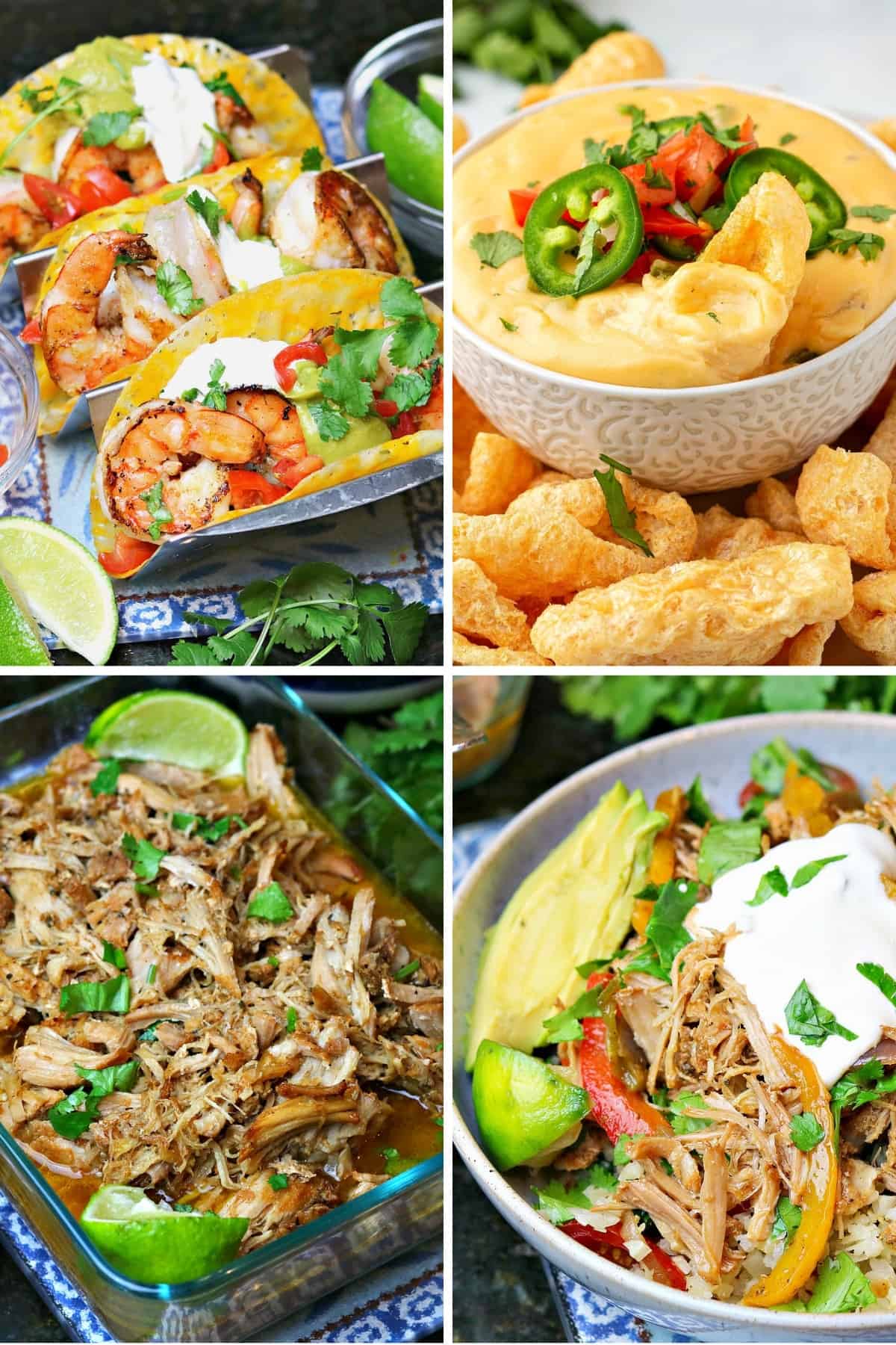 Keto Mexican food recipes like slow cooker carnitas, keto queso, keto shrimp tacos, and keto burrito bowl