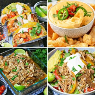 Keto Mexican food recipes like slow cooker carnitas, keto queso, keto shrimp tacos, and keto burrito bowl