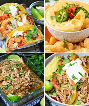 Keto Mexican food recipes like slow cooker carnitas, keto queso, keto shrimp tacos, and keto burrito bowl