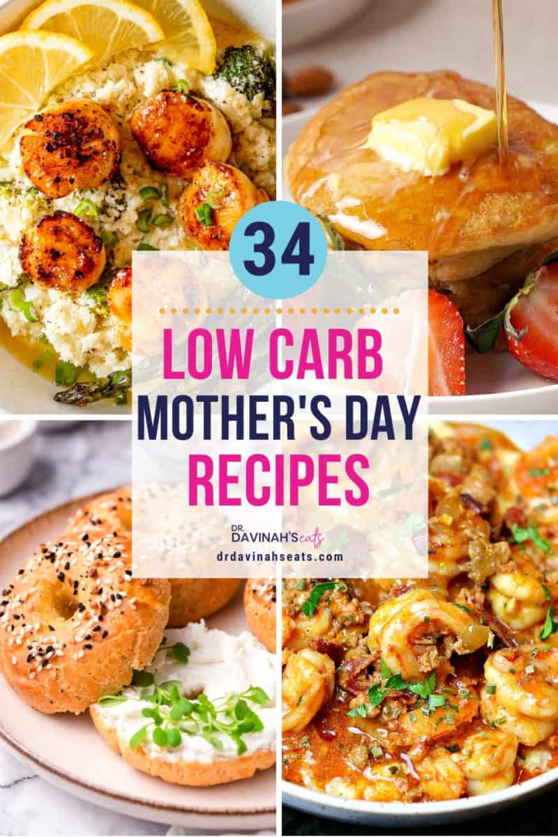 pinterest image for low carb Mother's Day meal ideas like seared scallops and cauliflower risotto, keto pancakes, keto bagels, and keto shrimp and grits