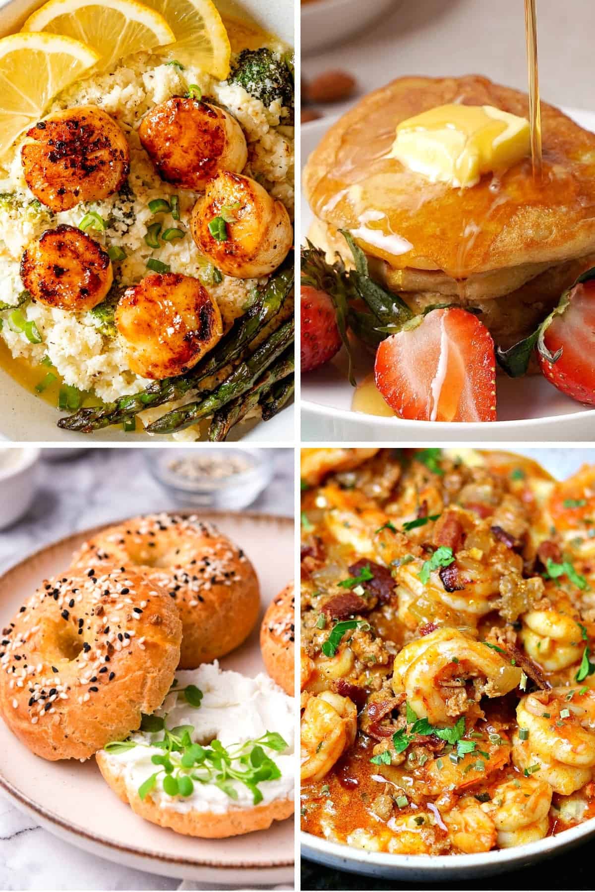 low carb Mother's Day meal ideas like seared scallops and cauliflower risotto, keto pancakes, keto bagels, and keto shrimp and grits