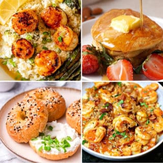 low carb Mother's Day meal ideas like seared scallops and cauliflower risotto, keto pancakes, keto bagels, and keto shrimp and grits