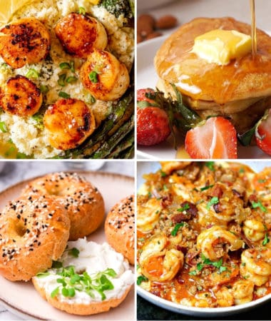 low carb Mother's Day meal ideas like seared scallops and cauliflower risotto, keto pancakes, keto bagels, and keto shrimp and grits
