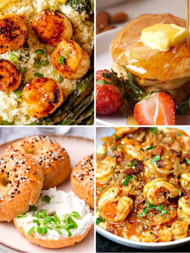 low carb Mother's Day meal ideas like seared scallops and cauliflower risotto, keto pancakes, keto bagels, and keto shrimp and grits