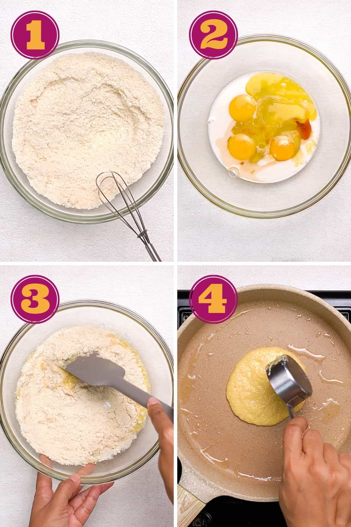 Four numbered pictures: first, almond flour and other dry ingredients in a mixing bowl with a whisk; second, eggs, almond milk, melted butter, and vanilla in a mixing bowl; third, dry ingredients for pancake batter added on top of wet ingredients, while a hand stirs them with a rubber spatula; and fourth, a hand pouring pancake batter from a measuring cup into a buttered skillet. 