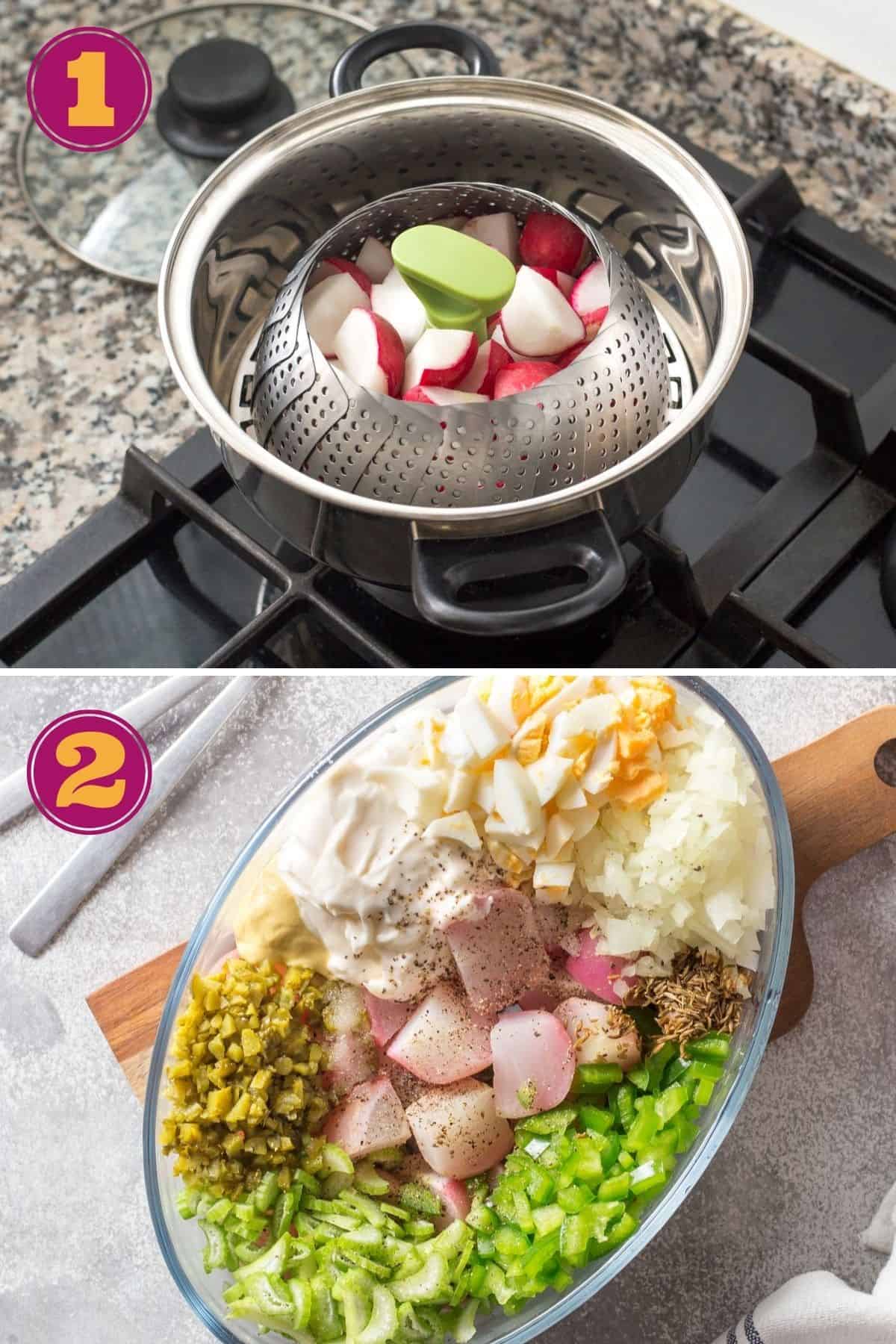 step-by-step photo collage for how to make a Keto Potato Salad using radishes.