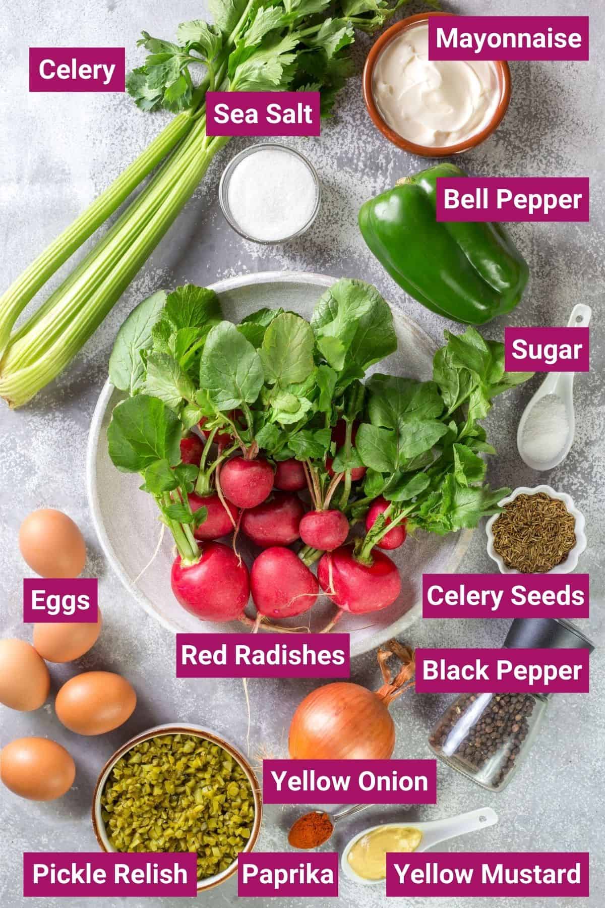 celery, radishes, bell pepper, eggs, condiments on separate bowls and tbsp
