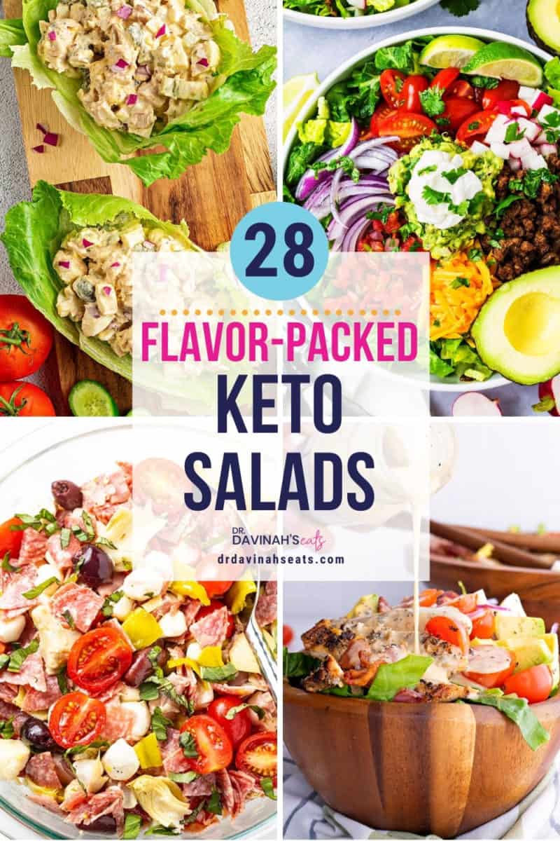 pinterest image for keto salads like keto tuna salad, keto taco salad, antipasto salad, and keto chicken Cobb salad