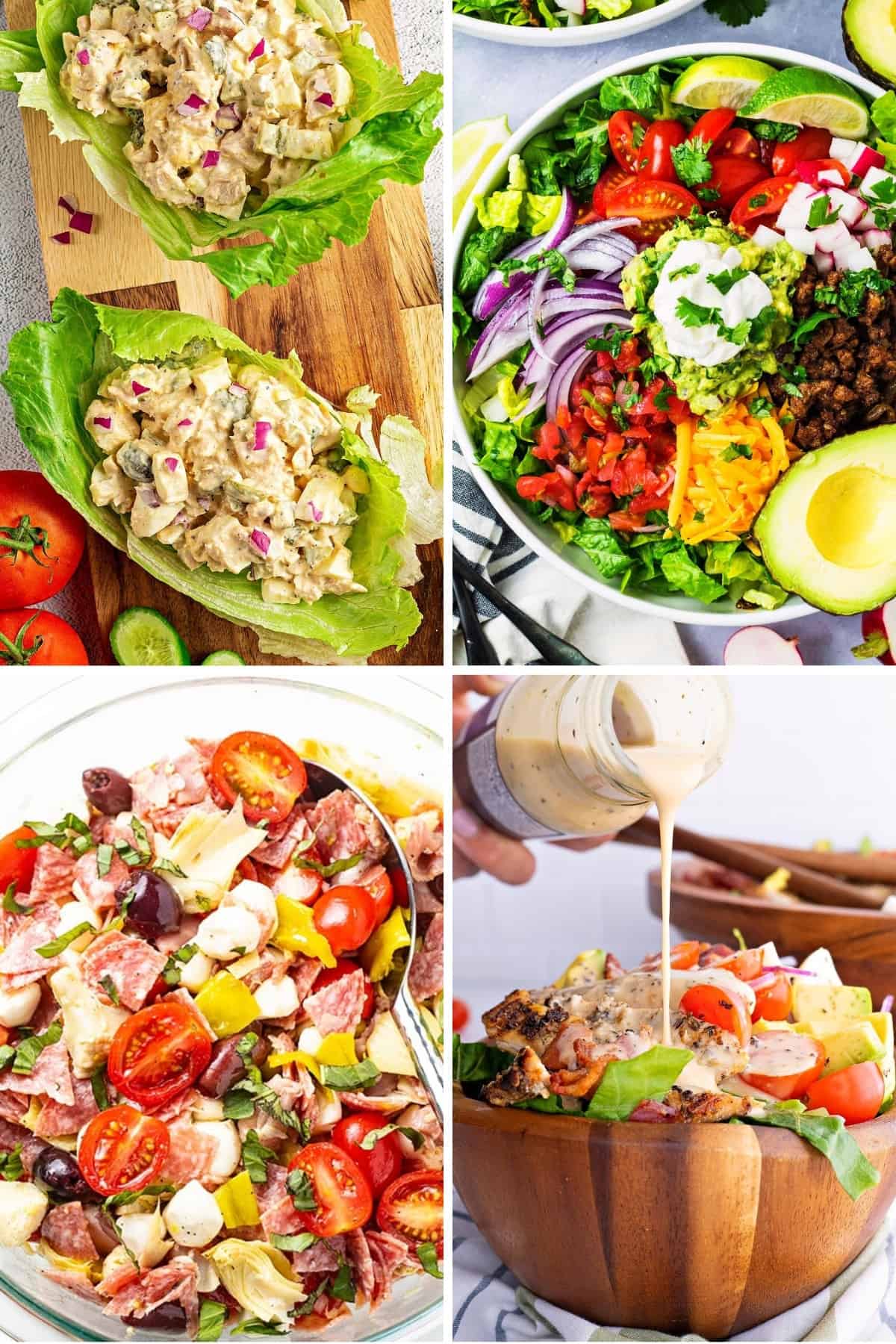 keto salads like keto tuna salad, keto taco salad, antipasto salad, and keto chicken Cobb salad