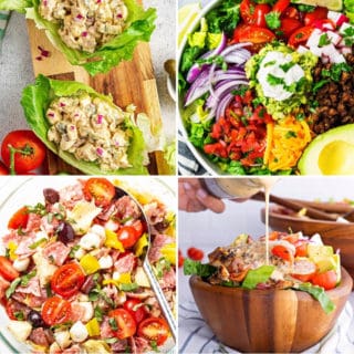 keto salads like keto tuna salad, keto taco salad, antipasto salad, and keto chicken Cobb salad