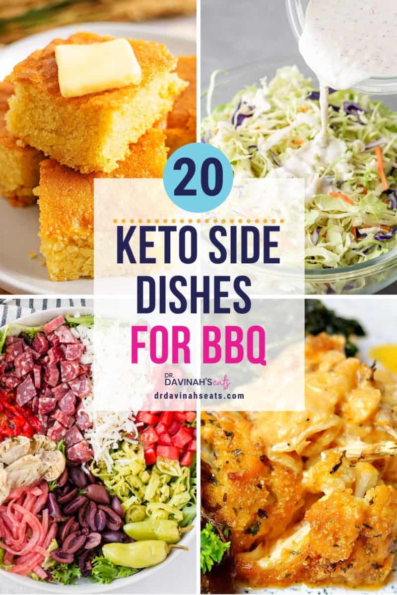 pinterest image for keto side dishes for bbq like keto cornbread, keto coleslaw, antipasto Salad, and cauliflower Mac and cheese