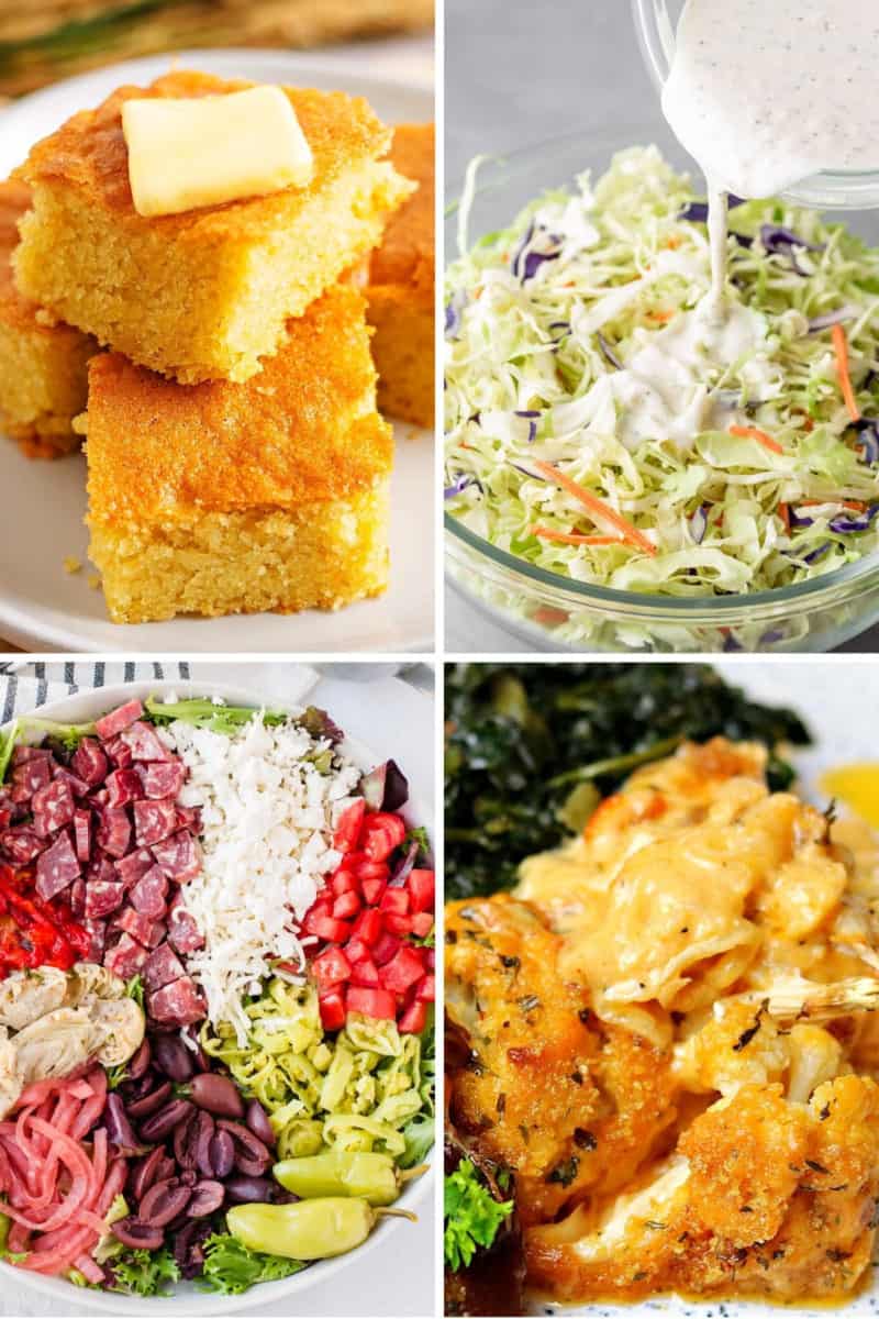 keto side dishes for bbq like keto cornbread, keto coleslaw, antipasto Salad, and cauliflower Mac and cheese