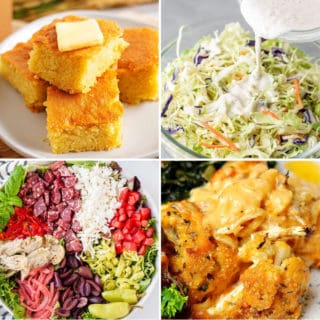 keto side dishes for bbq like keto cornbread, keto coleslaw, antipasto Salad, and cauliflower Mac and cheese