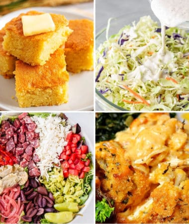 keto side dishes for bbq like keto cornbread, keto coleslaw, antipasto Salad, and cauliflower Mac and cheese