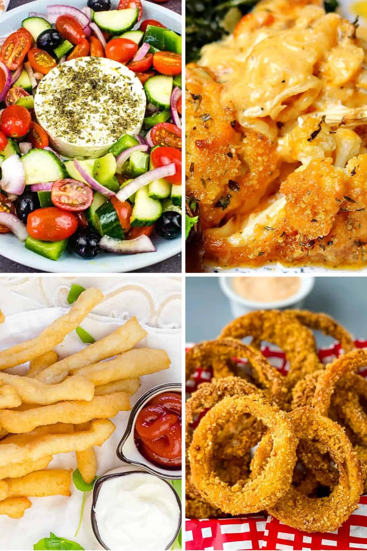 keto side dishes for burgers like Greek Salad, keto cauliflower Mac and cheese, keto fries, and keto onion rings
