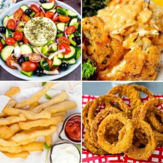 keto side dishes for burgers like Greek Salad, keto cauliflower Mac and cheese, keto fries, and keto onion rings