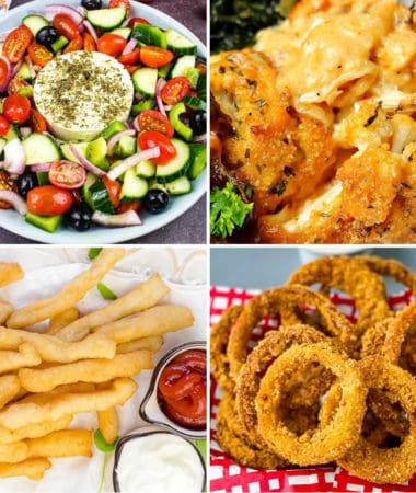 keto side dishes for burgers like Greek Salad, keto cauliflower Mac and cheese, keto fries, and keto onion rings