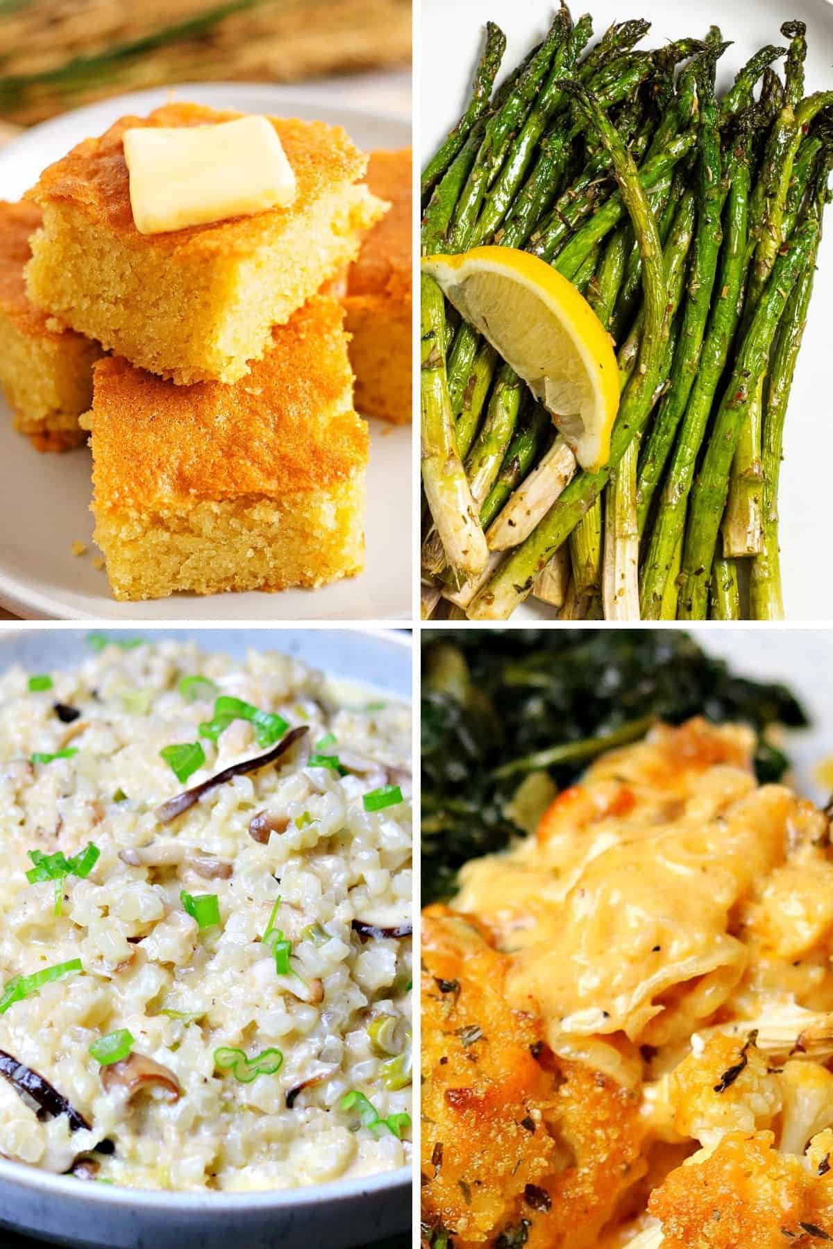 keto side dishes for chicken like keto cornbread, air fryer asparagus, keto Mac and cheese, and cauliflower rice risotto