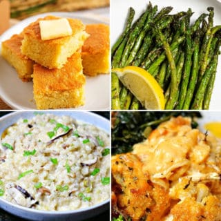 keto side dishes for chicken like keto cornbread, air fryer asparagus, keto Mac and cheese, and cauliflower rice risotto