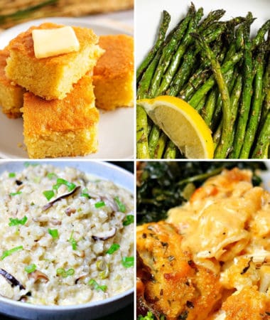 keto side dishes for chicken like keto cornbread, air fryer asparagus, keto Mac and cheese, and cauliflower rice risotto