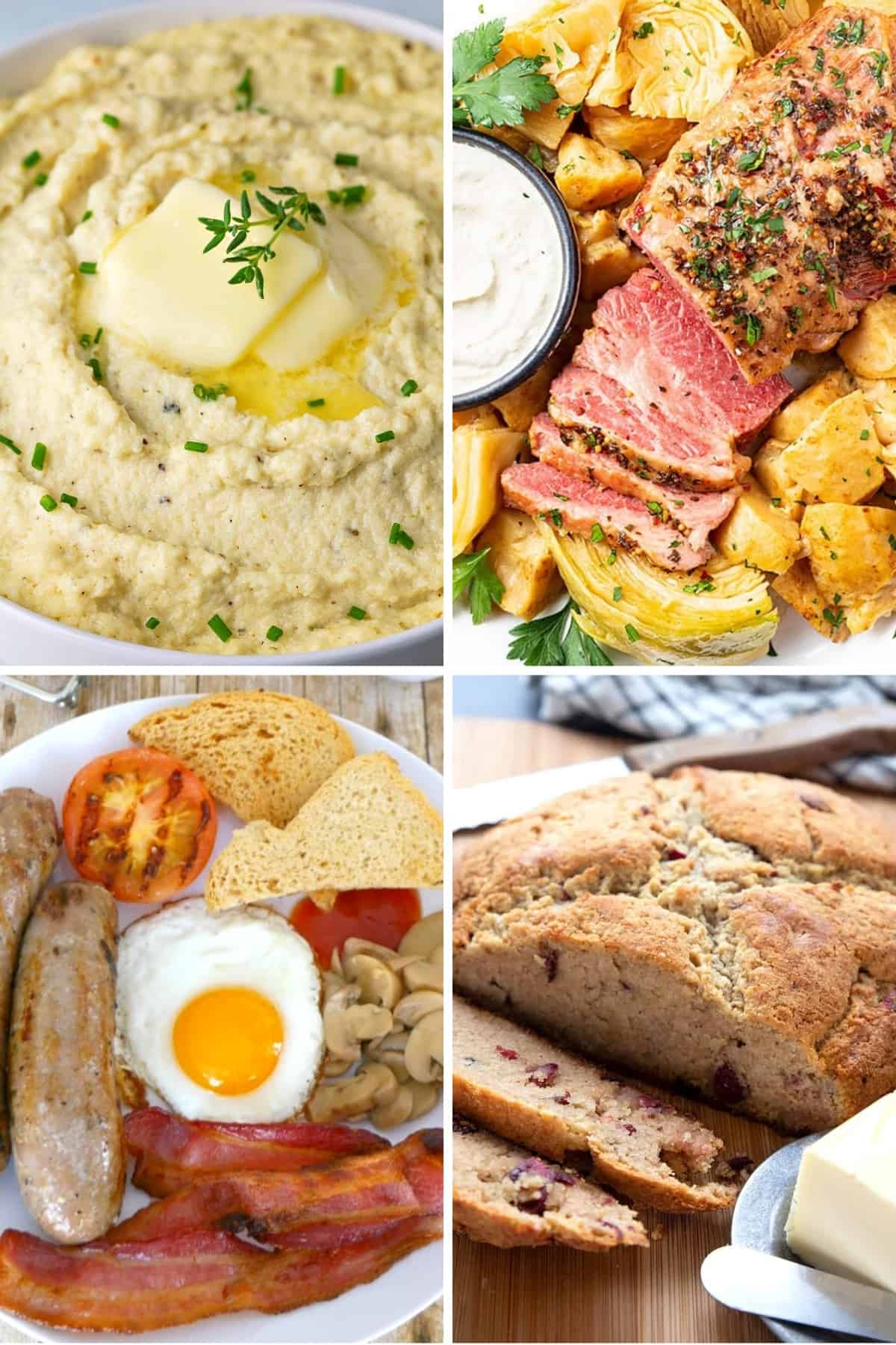 keto st. Patrick's day recipes like English breakfast, cauliflower mashed potatoes, corned beef and cabbage, and Irish soda bread