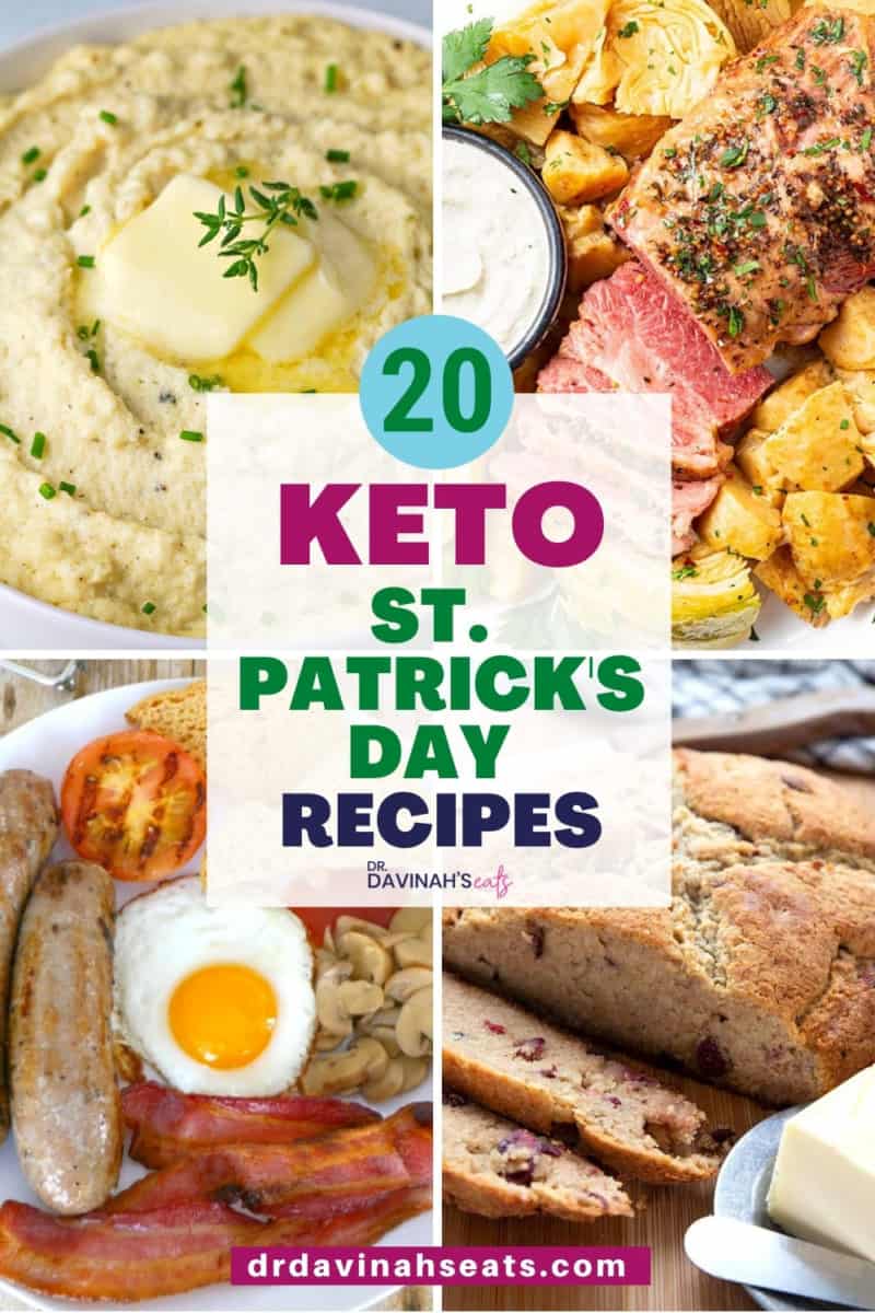 Pinterest image for keto st. Patrick's day recipes like English breakfast, cauliflower mashed potatoes, corned beef and cabbage, and Irish soda bread