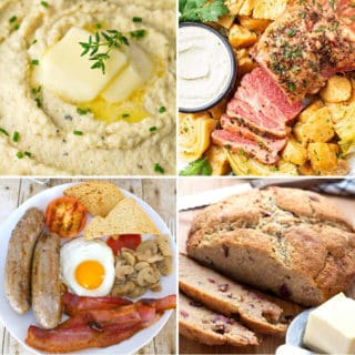 keto st. Patrick's day recipes like English breakfast, cauliflower mashed potatoes, corned beef and cabbage, and Irish soda bread