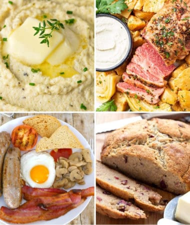 keto st. Patrick's day recipes like English breakfast, cauliflower mashed potatoes, corned beef and cabbage, and Irish soda bread