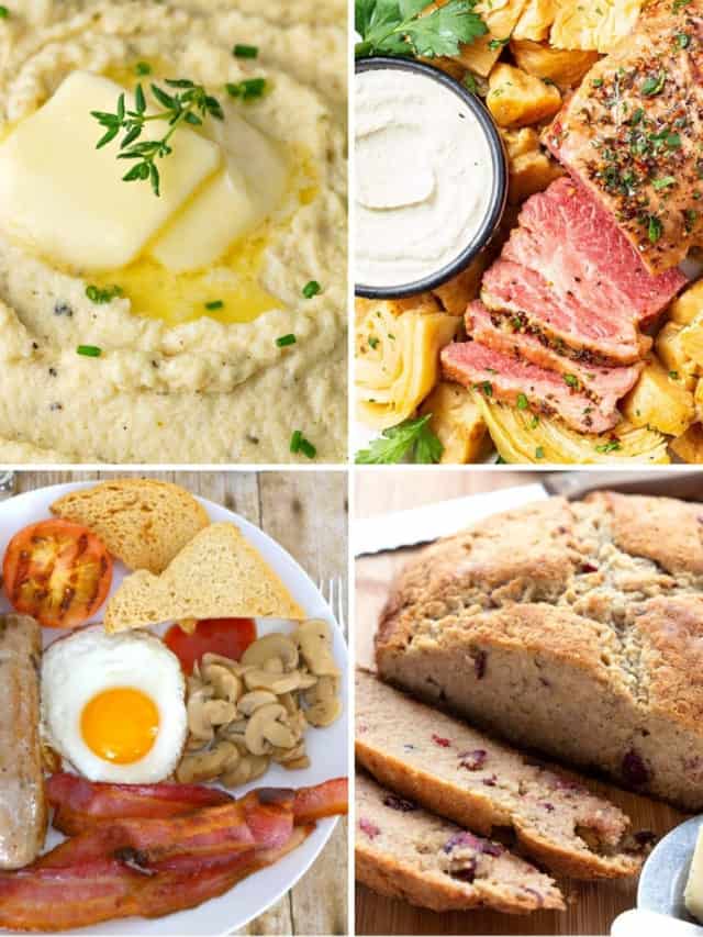 keto st. Patrick's day recipes like English breakfast, cauliflower mashed potatoes, corned beef and cabbage, and Irish soda bread
