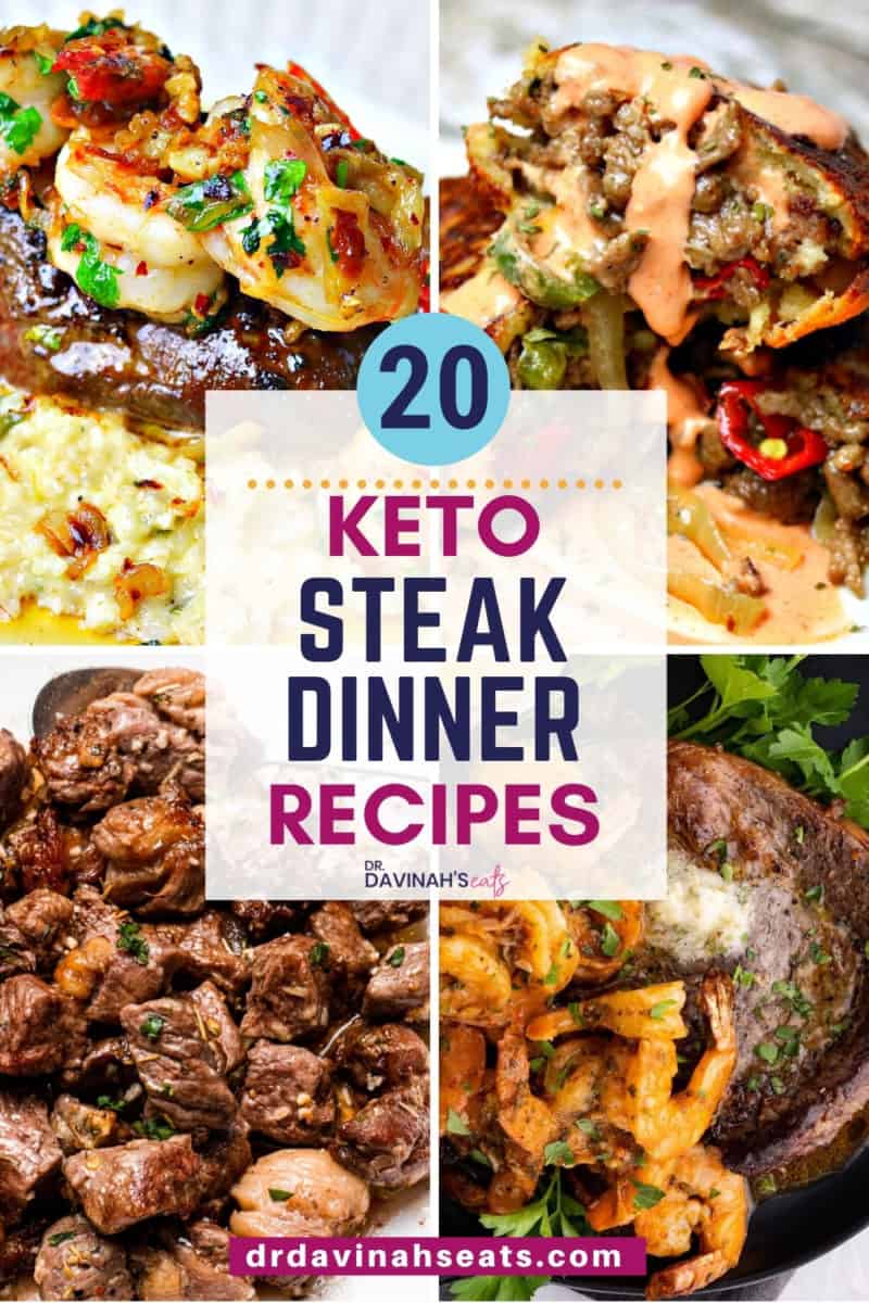 pinterest image for keto steak dinners like surf and turf, keto cheesesteak pockets, garlic butter steak bites, and air fryer surf and turf