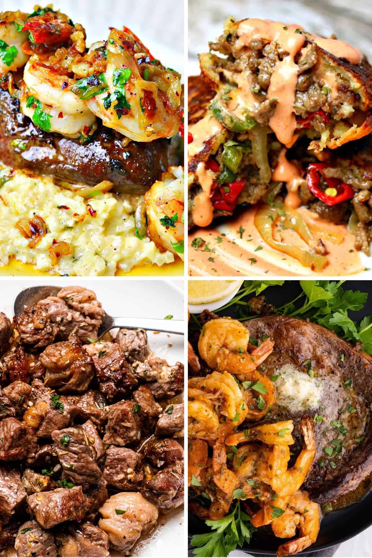keto steak dinners like surf and turf, keto cheesesteak pockets, garlic butter steak bites, and air fryer surf and turf