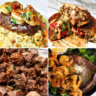 keto steak dinners like surf and turf, keto cheesesteak pockets, garlic butter steak bites, and air fryer surf and turf