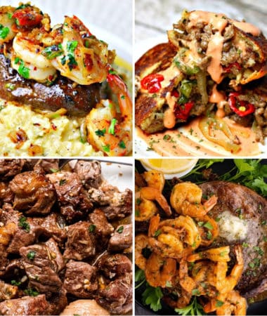 keto steak dinners like surf and turf, keto cheesesteak pockets, garlic butter steak bites, and air fryer surf and turf