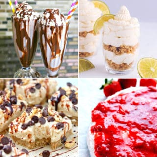 no bake keto desserts like keto mudslide, keto no bake strawberry cheesecake, keto cookie dough bars, and keto key lime cheesecake parfait