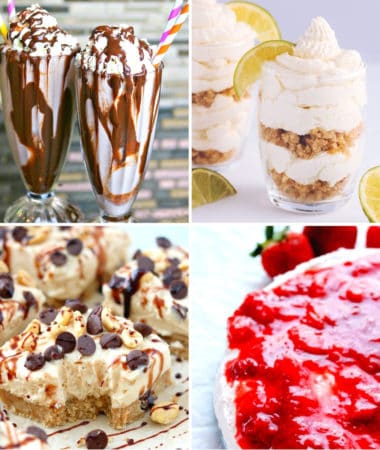 no bake keto desserts like keto mudslide, keto no bake strawberry cheesecake, keto cookie dough bars, and keto key lime cheesecake parfait