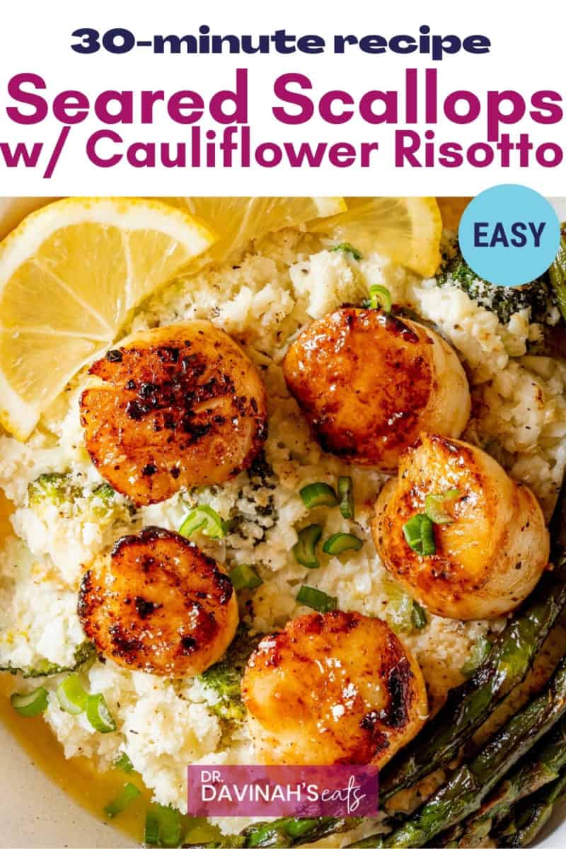 pinterest image for 30 minute seared scallops & cauliflower risotto