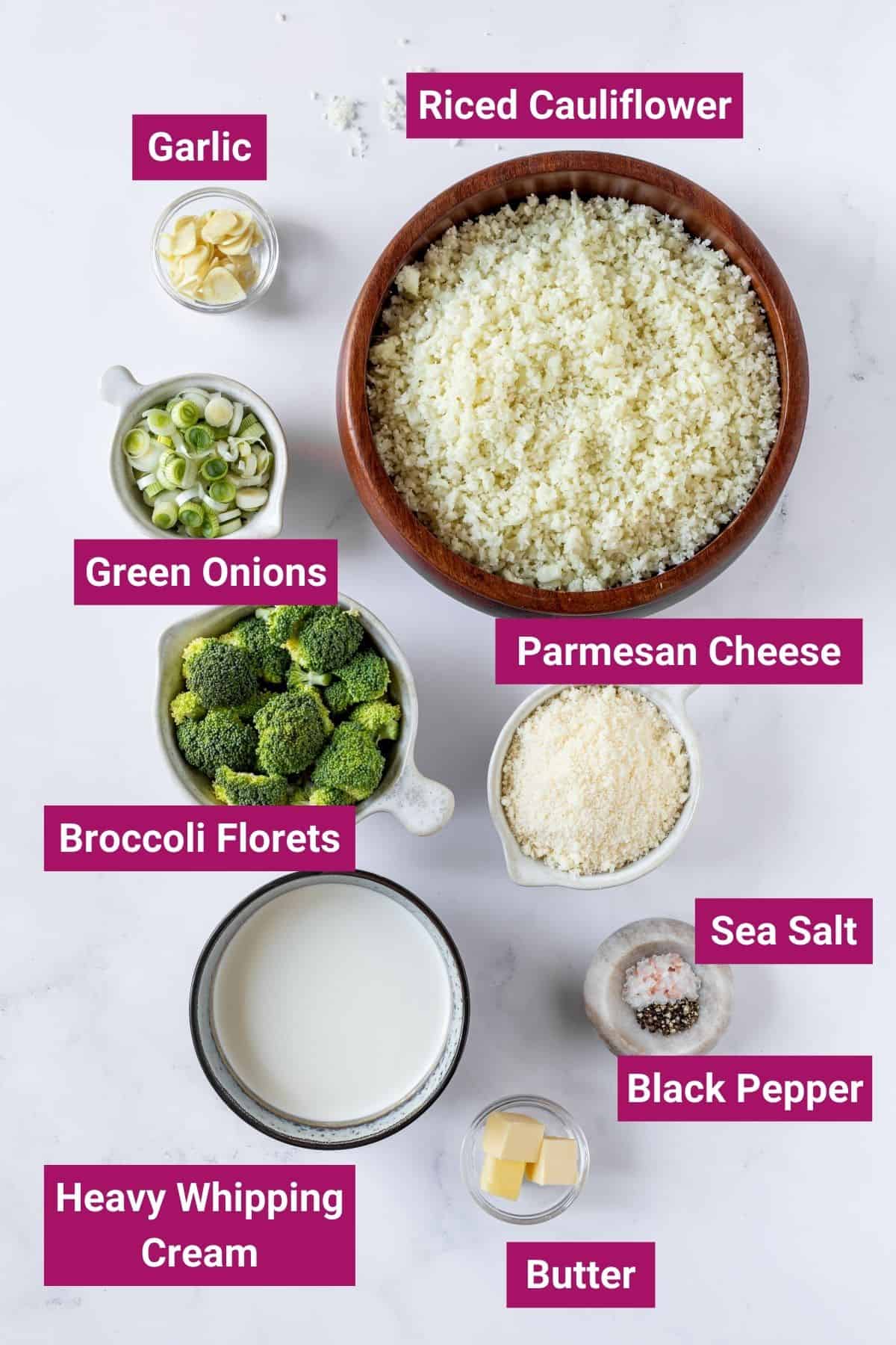 broccoli, riced cauliflower, cheese, garlic, onions, cream, pepper and salt on separate bowls