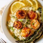 Seared Scallops & Cauliflower Risotto on a large bowl