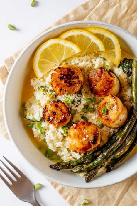 Seared Scallops & Cauliflower Risotto on a large bowl